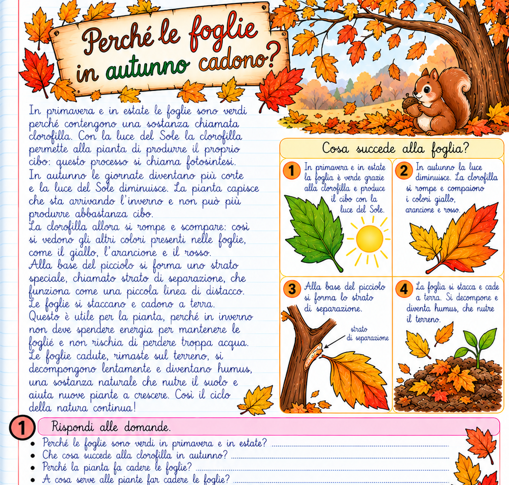 Schede didattiche d’autunno in corsivo le foglie
